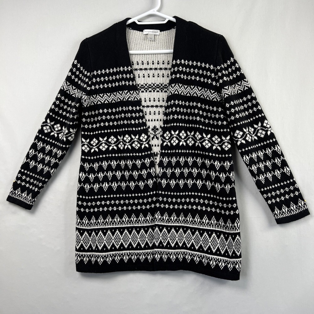 Christopher Banks Open Cardigan Sweater Women's Large Fair Isle Black White